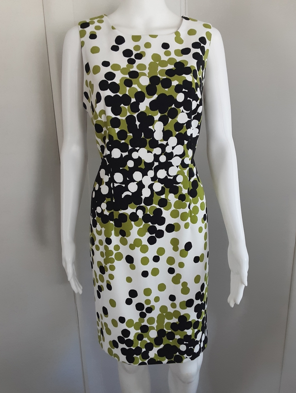 RONNIE NICOLE White Black | Green Polka-Dot Spring Sheath Dress Sz 12